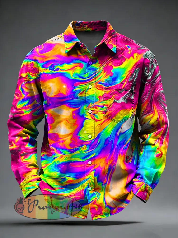 Men’s Retro Psychedelic Printed Long Sleeved Pocket Shirt