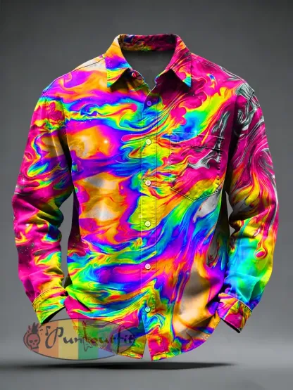 Men’s Retro Psychedelic Printed Long Sleeved Pocket Shirt