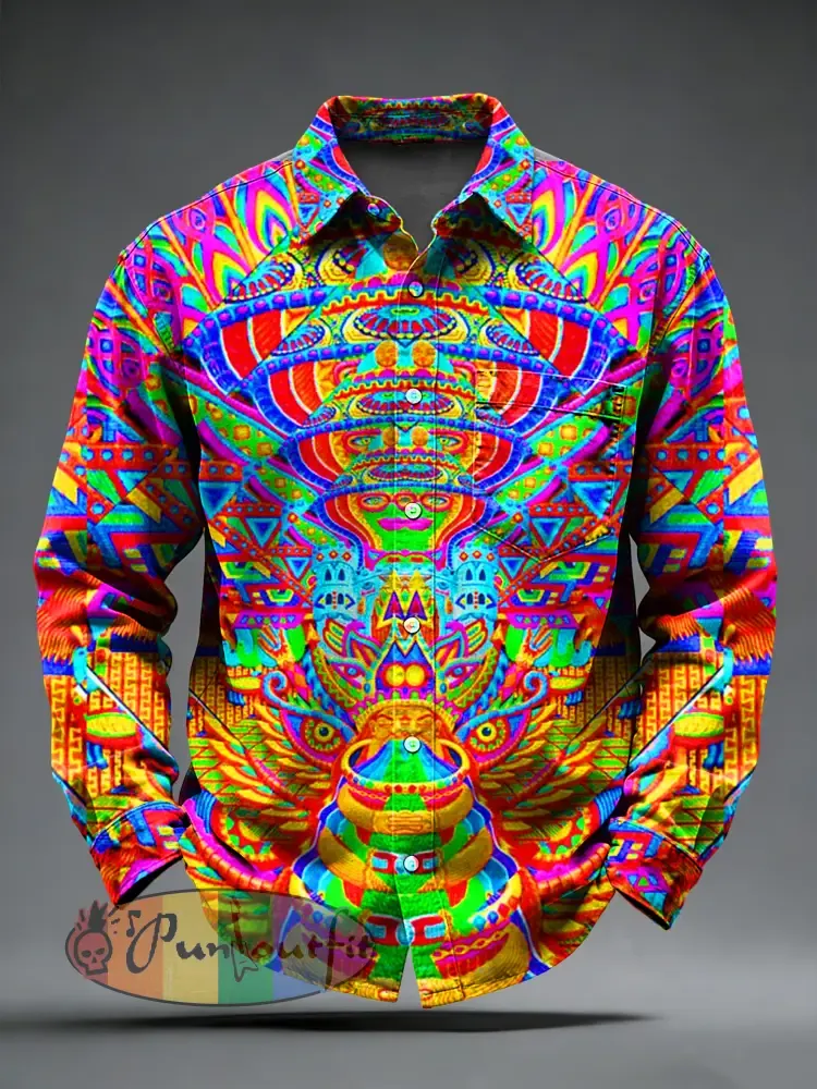Men’s Retro Psychedelic Printed Long Sleeved Pocket Shirt