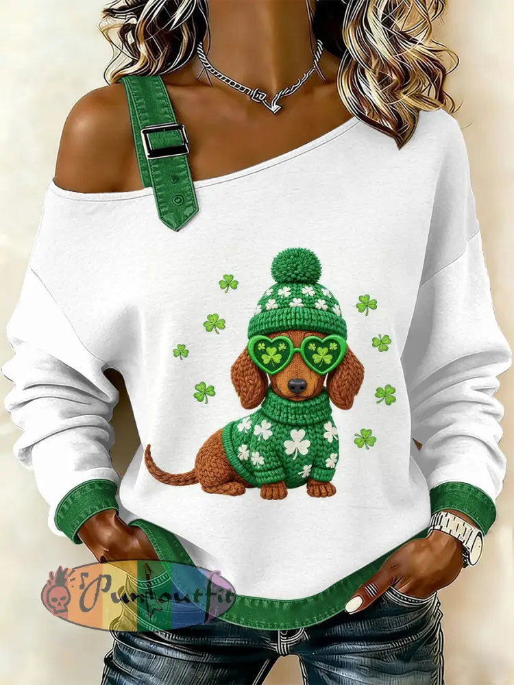 Women’s Vintage St. Patrick’s Day Print Casual Off-Shoulder Sweatshirt