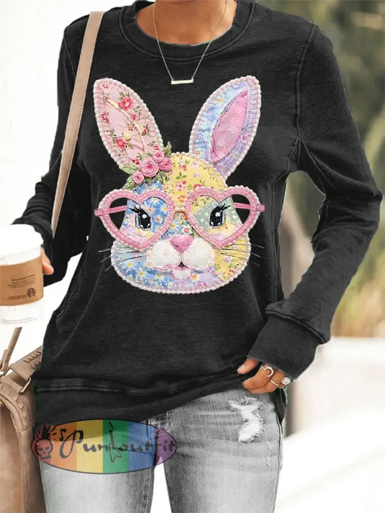 Women’s Easter Floral Bunny Patchwork Print Casual Sweatshirt