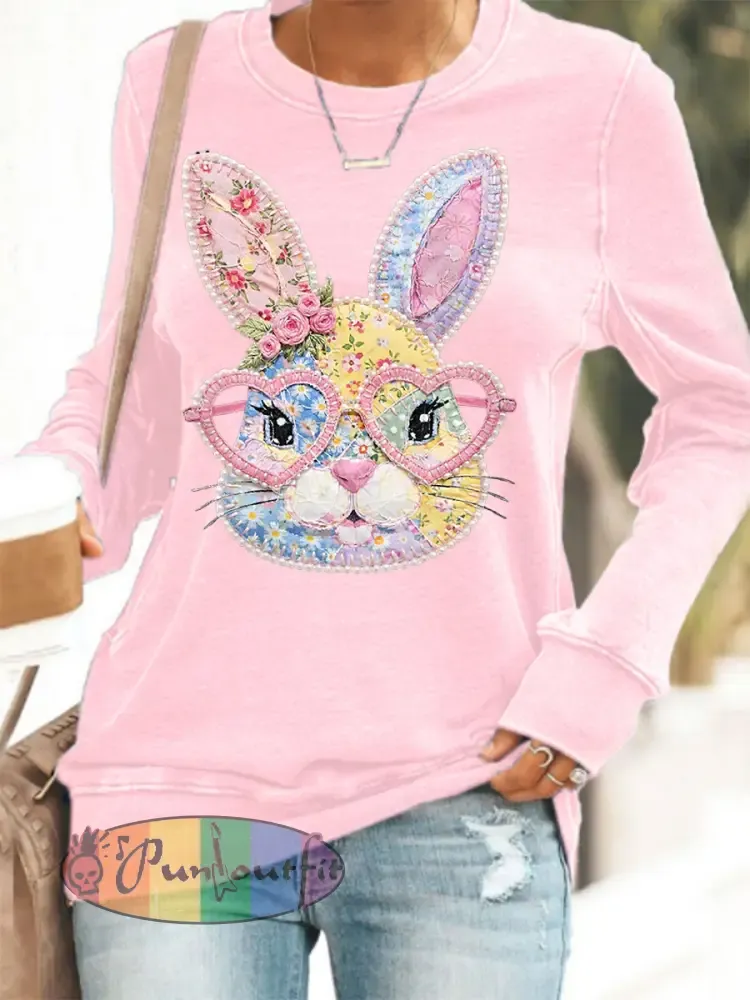 Women’s Easter Floral Bunny Patchwork Print Casual Sweatshirt