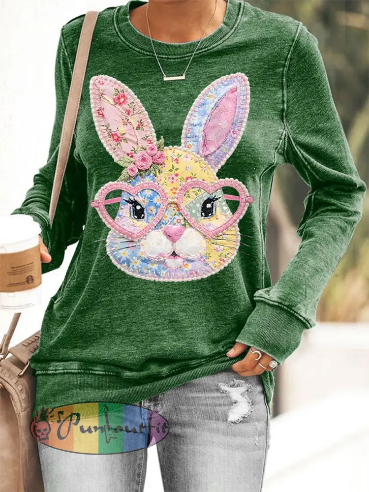 Women’s Easter Floral Bunny Patchwork Print Casual Sweatshirt