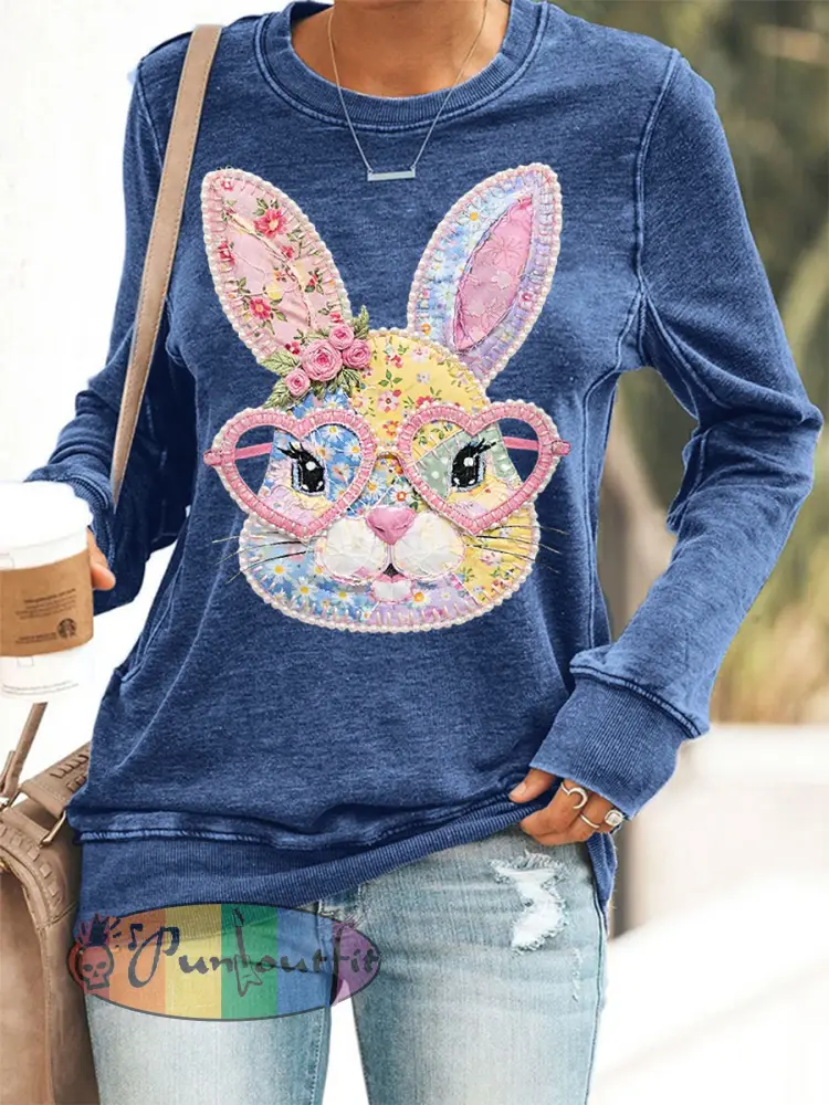 Women’s Easter Floral Bunny Patchwork Print Casual Sweatshirt