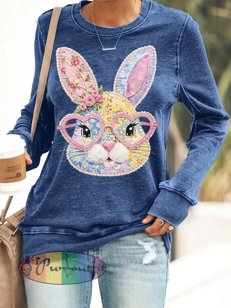 Women’s Easter Floral Bunny Patchwork Print Casual Sweatshirt