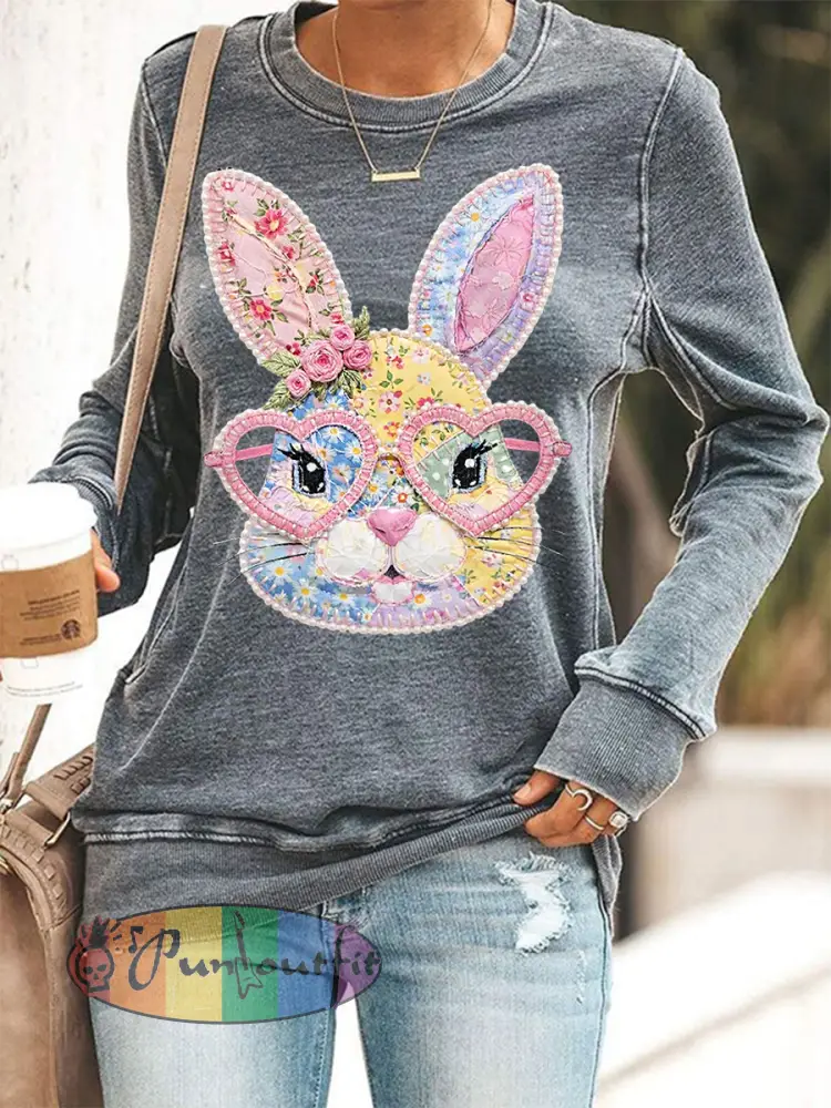 Women’s Easter Floral Bunny Patchwork Print Casual Sweatshirt