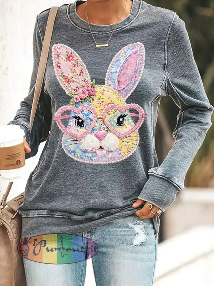 Women’s Easter Floral Bunny Patchwork Print Casual Sweatshirt