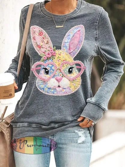 Women’s Easter Floral Bunny Patchwork Print Casual Sweatshirt