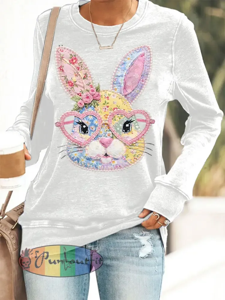 Women’s Easter Floral Bunny Patchwork Print Casual Sweatshirt