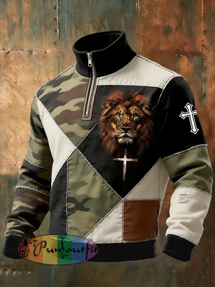 Men’s Stitching Camouflage Pattern Christian Cross Lion Print Quarter Zip Sweatshirts