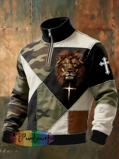 Men’s Stitching Camouflage Pattern Christian Cross Lion Print Quarter Zip Sweatshirts
