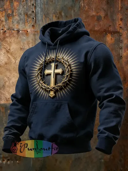 Men’s Christian Thorns Crucifix Art Print Casual Hoodie with Pockets