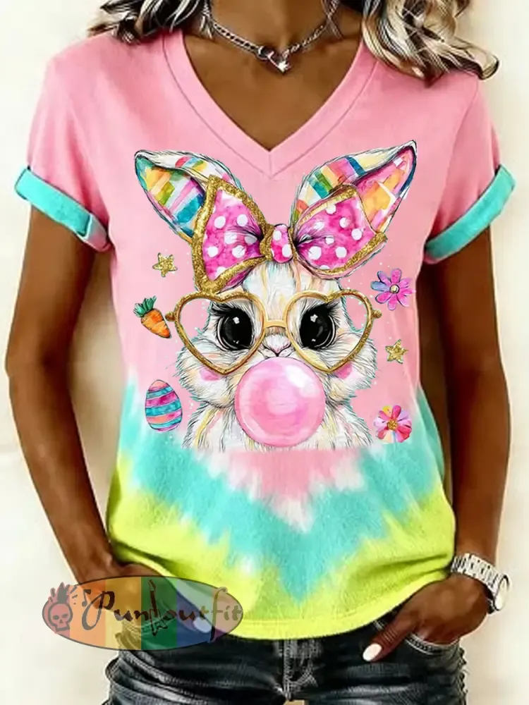 Women’s Easter Cute Bunny Print Casual V-Neck Tee