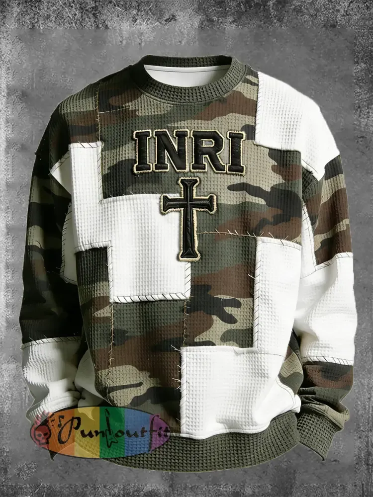 Men’s Christian Inri Cross Camouflage Print Casual Waffle Sweatshirt