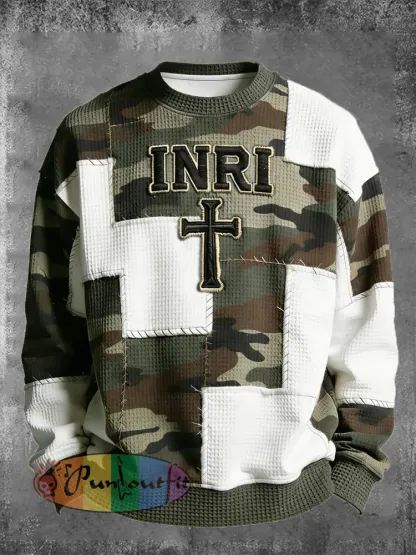Men’s Christian Inri Cross Camouflage Print Casual Waffle Sweatshirt