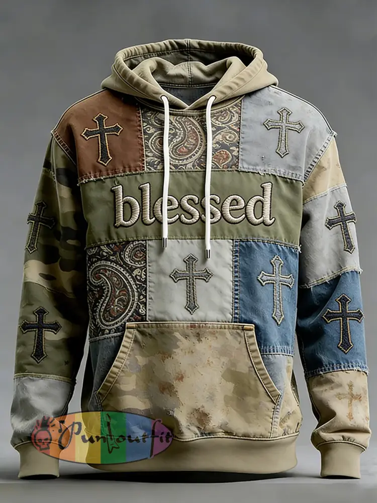 Men’s Christian Blessed Cross Paisley Pattern Color Block Print Casual Hoodie