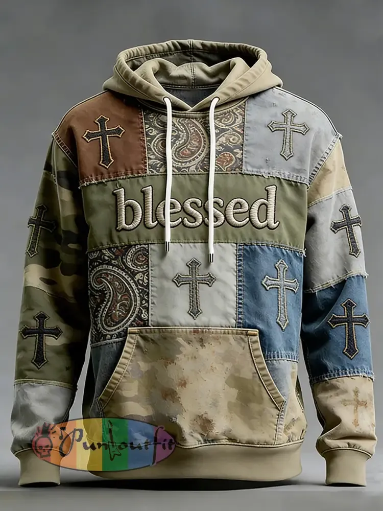 Men’s Christian Blessed Cross Paisley Pattern Color Block Print Casual Hoodie
