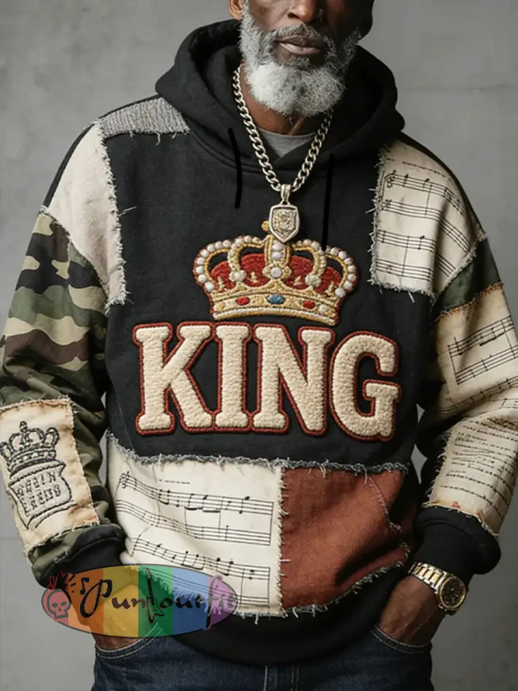 Men’s King Patchwork Oversized Drop-Shoulder Hoodie With Pockets