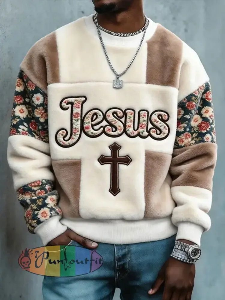Men’s Jesus Floral Patchwork Flannel Crewneck Sweatshirt