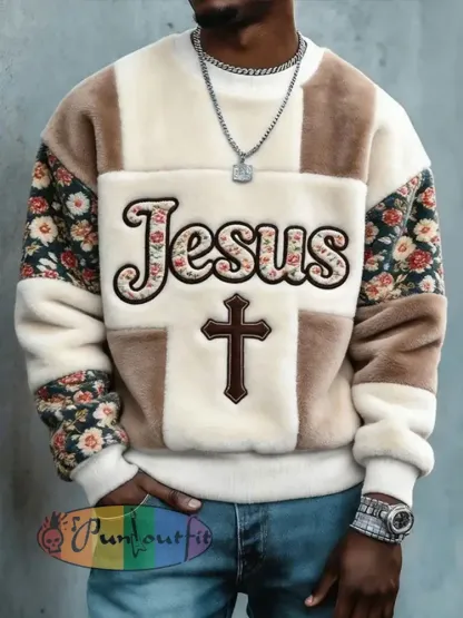 Men’s Jesus Floral Patchwork Flannel Crewneck Sweatshirt
