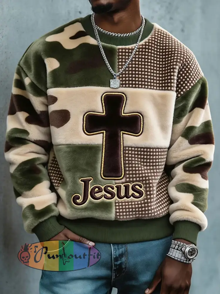 Men’s Jesus Camo Patchwork Flannel Crewneck Sweatshirt
