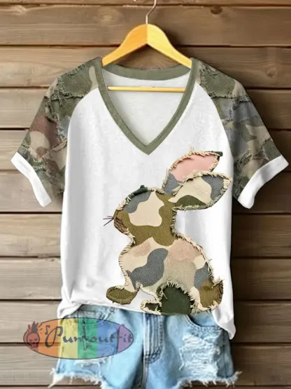 Women’s Easter Camouflage Bunny Art V-neck off-shoulder Short SleeveT-shirt