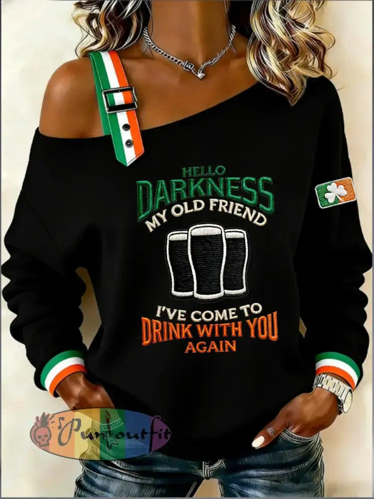 Women’s Vintage Cat Patchwork Print Casual Off-Shoulder Sweatshirt