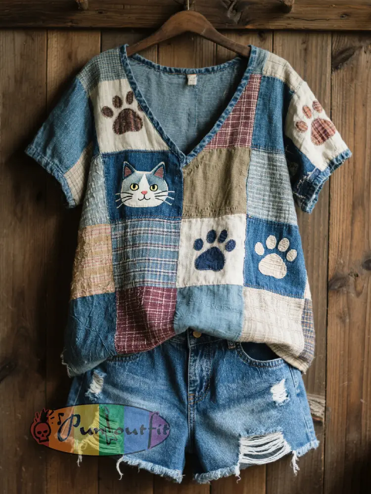 Women’s Lovely Cat Patchwork Art V-Neck Top