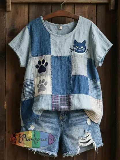 Women’s Lovely Cat Pattern Patchwork Art Linen Shirt