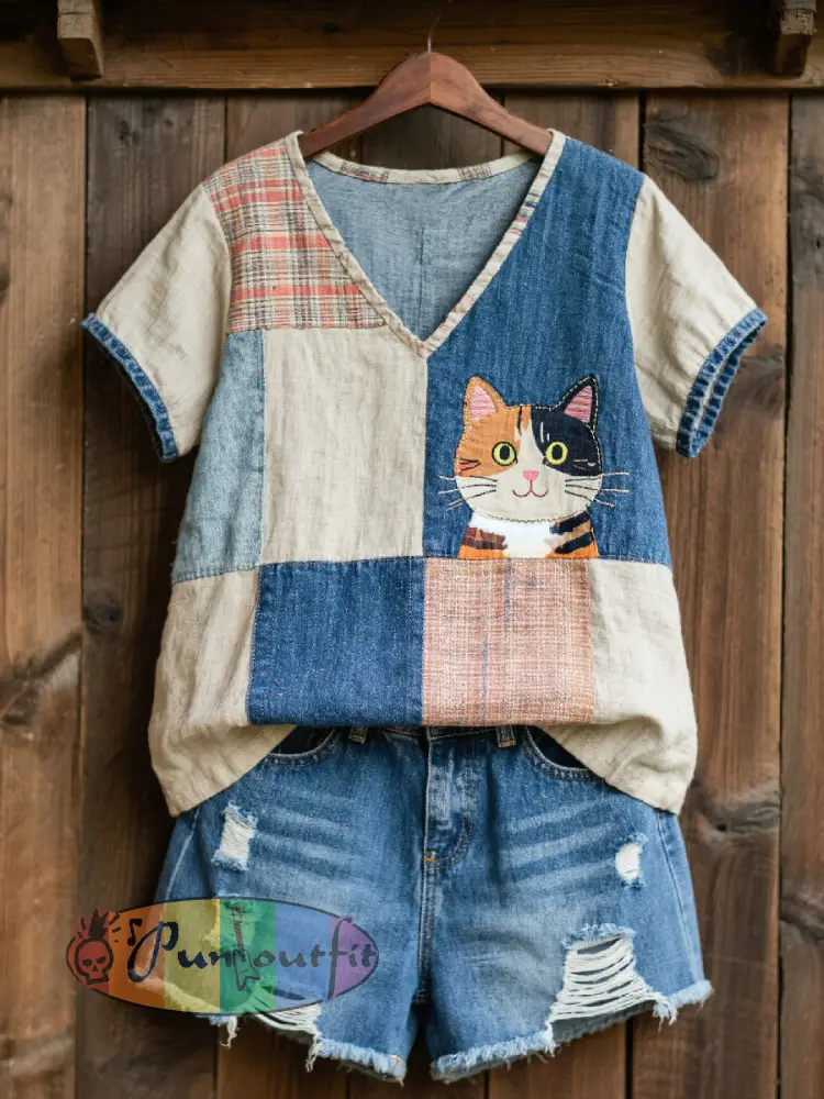 Women’s Lovely Cat Pattern Patchwork Art V-Neck Top