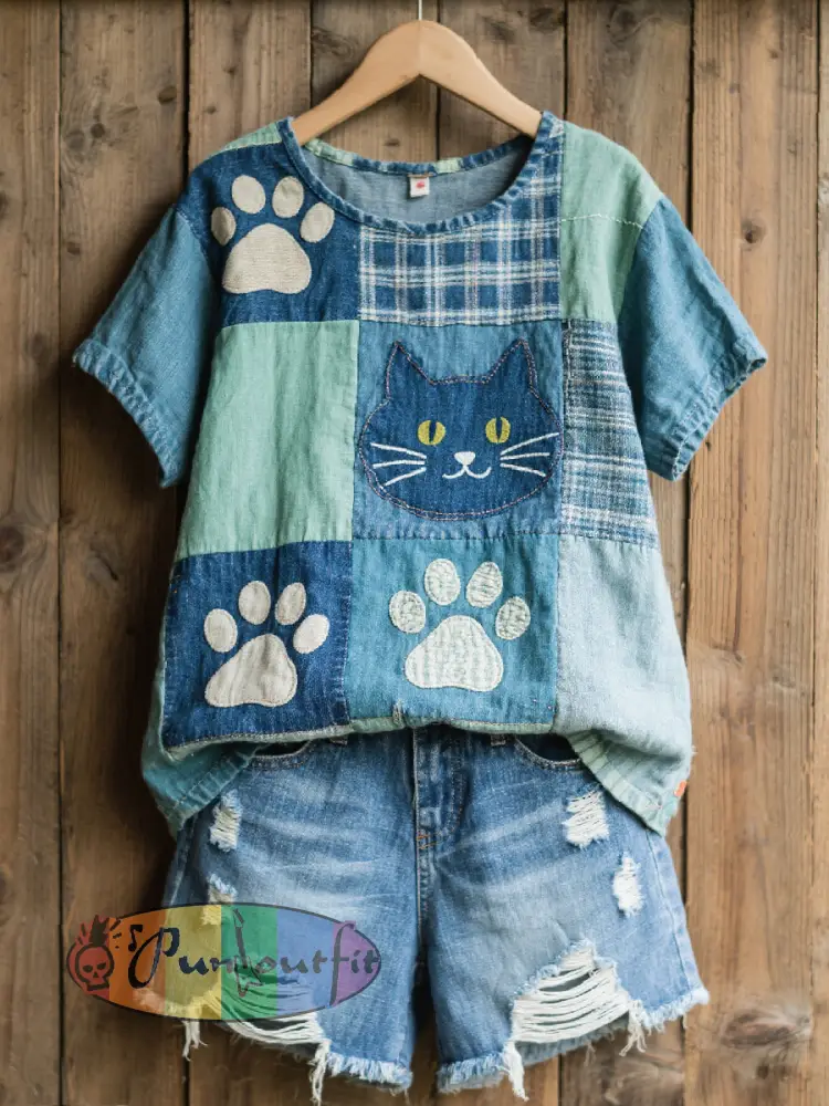Women’s Lovely Cat Pattern Patchwork Art Top