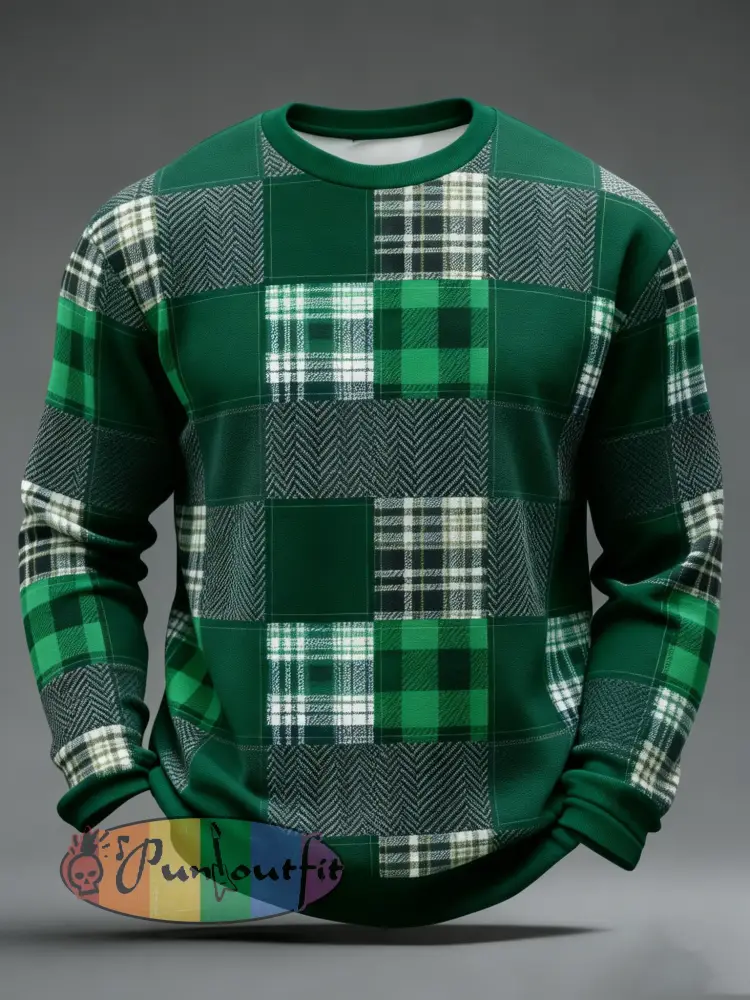 Men’s St. Patrick’s Day Tartan Patchwork Printed Sweatshirt