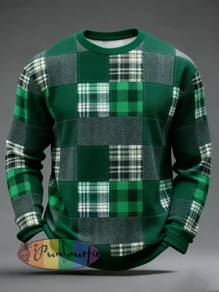 Men’s St. Patrick’s Day Tartan Patchwork Printed Sweatshirt