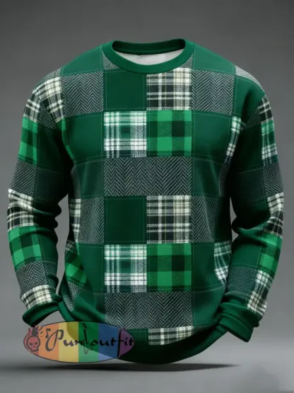 Men’s St. Patrick’s Day Tartan Patchwork Printed Sweatshirt