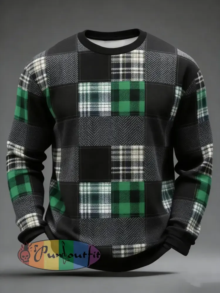 Men’s St. Patrick’s Day Tartan Patchwork Printed Sweatshirt