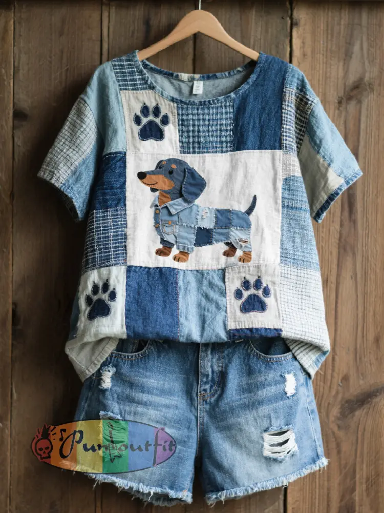 Women’s Lovely Dachshund Pattern Patchwork Art Top