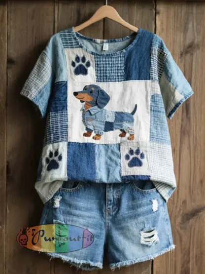 Women’s Lovely Dachshund Pattern Patchwork Art Top
