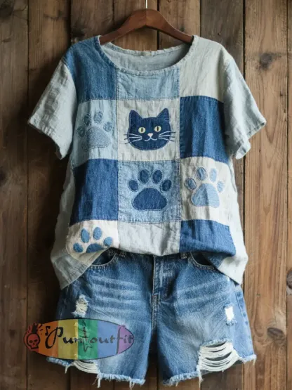 Women’s Lovely Cat Pattern Patchwork Art Top