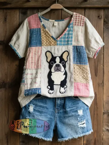 Women’s Lovely French Bulldog Pattern Patchwork Art V-Neck Top
