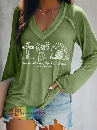 Women’s He Is Not Here He Has Risen Matthew 28:6 Easter Christian Print Casual Long-Sleeve V-Neck T-Shirt