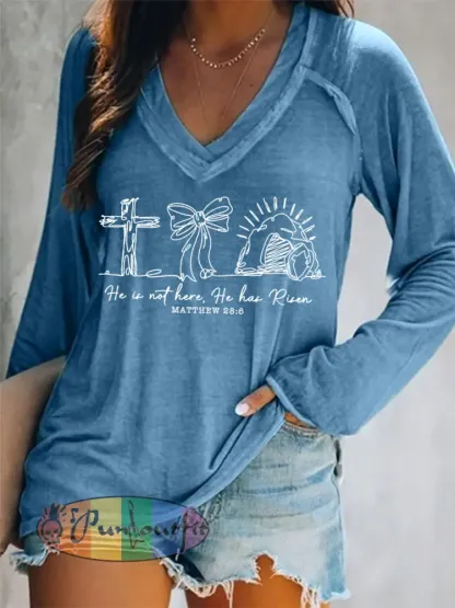 Women’s He Is Not Here He Has Risen Matthew 28:6 Easter Christian Print Casual Long-Sleeve V-Neck T-Shirt
