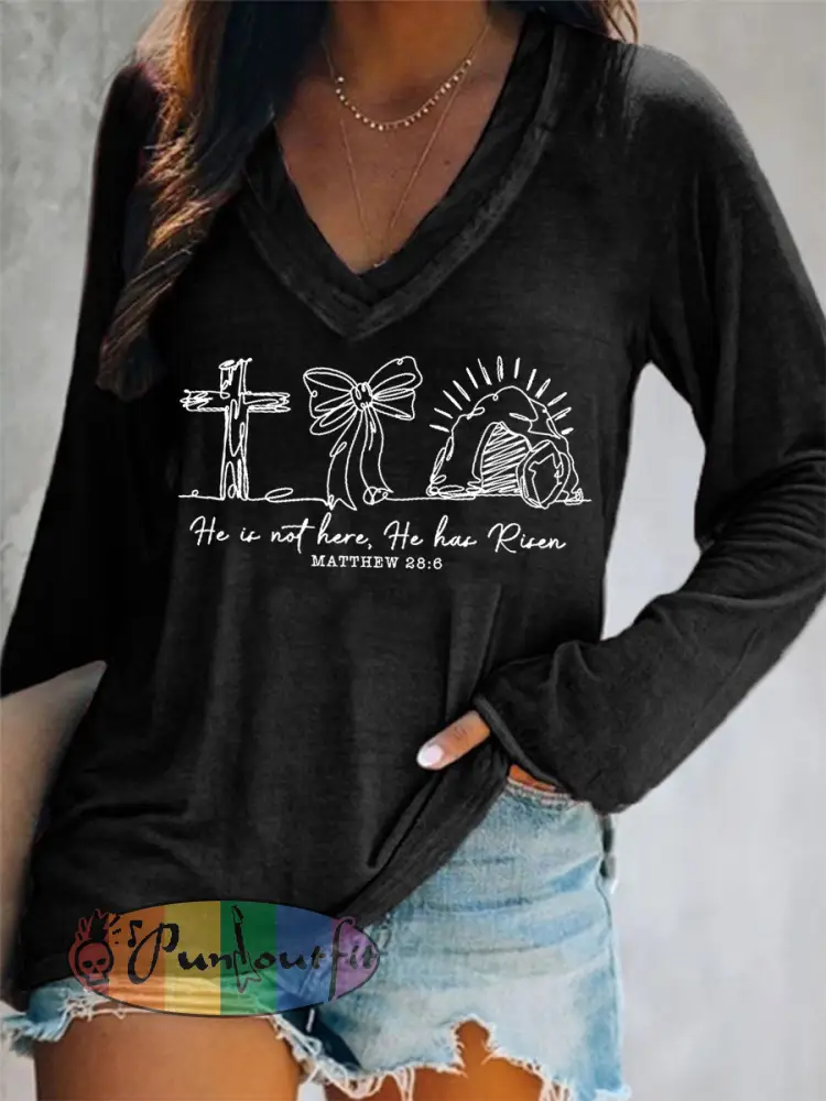 Women’s He Is Not Here He Has Risen Matthew 28:6 Easter Christian Print Casual Long-Sleeve V-Neck T-Shirt