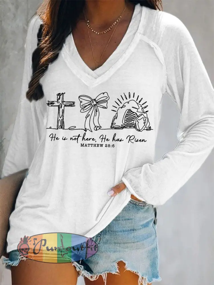 Women’s He Is Not Here He Has Risen Matthew 28:6 Easter Christian Print Casual Long-Sleeve V-Neck T-Shirt