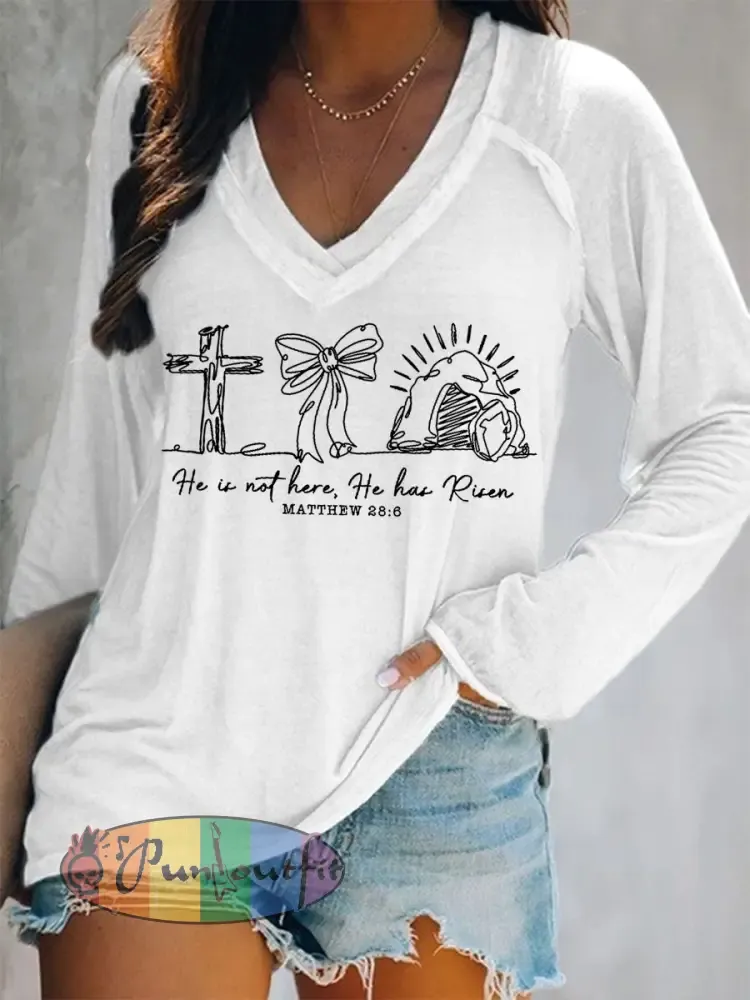 Women’s He Is Not Here He Has Risen Matthew 28:6 Easter Christian Print Casual Long-Sleeve V-Neck T-Shirt