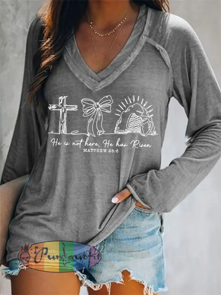 Women’s He Is Not Here He Has Risen Matthew 28:6 Easter Christian Print Casual Long-Sleeve V-Neck T-Shirt