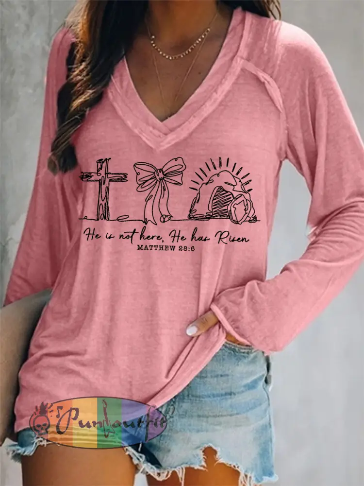Women’s He Is Not Here He Has Risen Matthew 28:6 Easter Christian Print Casual Long-Sleeve V-Neck T-Shirt