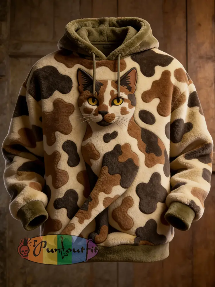 Men’s Funny Cats Camouflage Art Print Flannel Hoodie