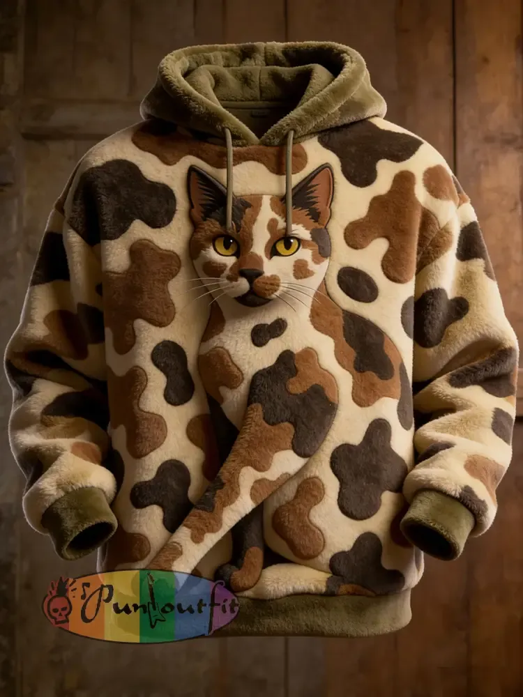 Men’s Funny Cats Camouflage Art Print Flannel Hoodie