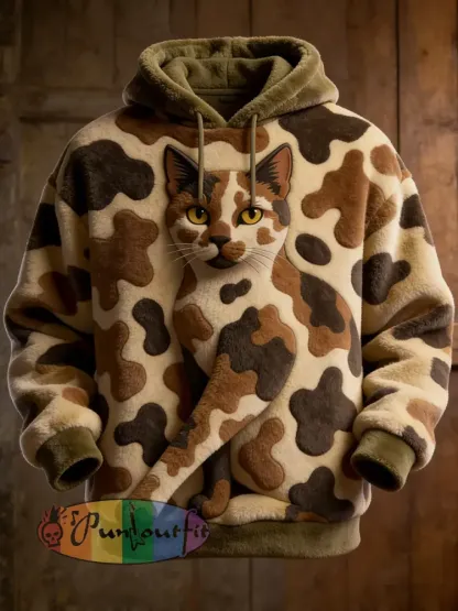 Men’s Funny Cats Camouflage Art Print Flannel Hoodie