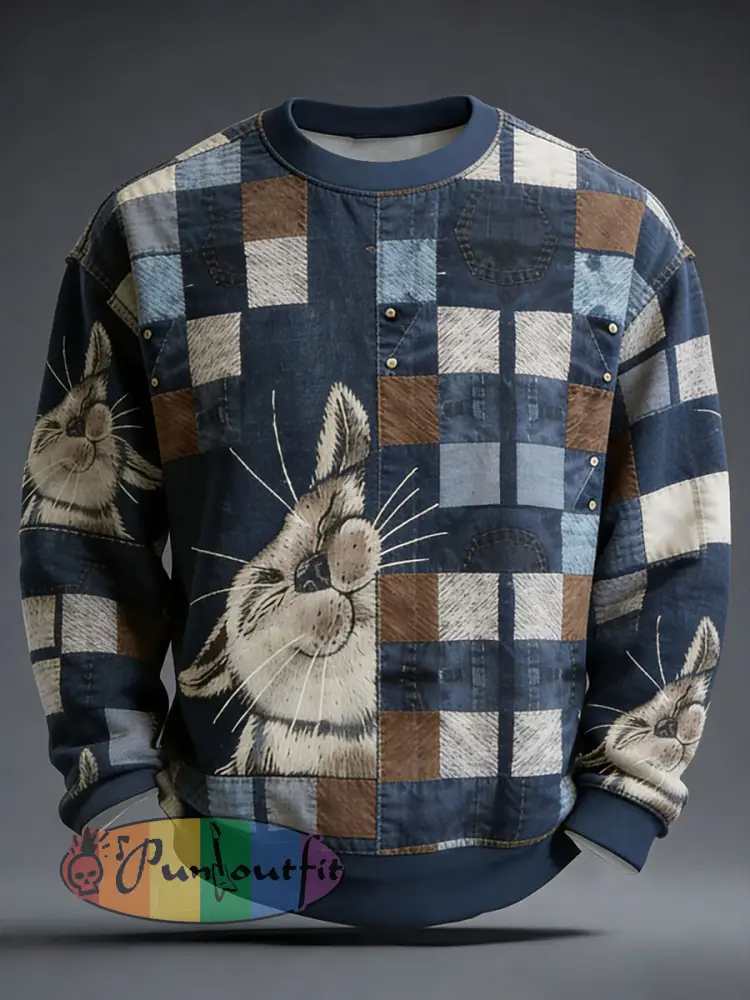 Men’s Plaid Cat Patchwork Print Crew Neck Sweatshirt